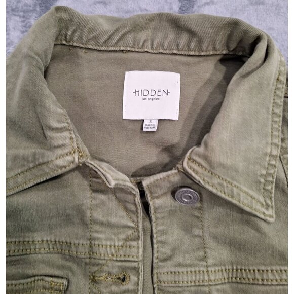 EUC Hidden Los Angeles Olive Green Distressed Cropped Denim Jacket With Raw Hem/ - Picture 7 of 9